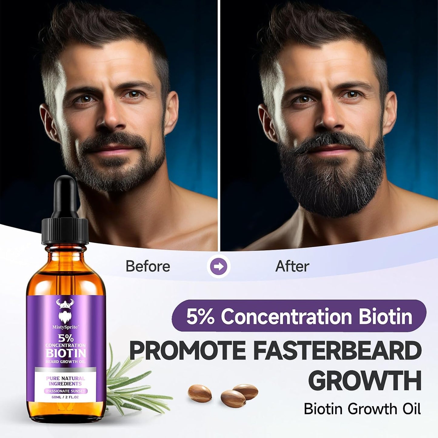 Beard Growth Oil - 5% Concentration Biotin Beard for Men (2 oz) - Natural Mens with Argan Oil, Jojoba Oil and Vitamin, Growth Softener, Moisturizer (Passionate Sunset)