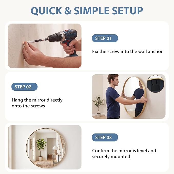 DUMOS 24-Inch Round Wall Mirror, Bathroom Wall Circle Mirror - Image 6