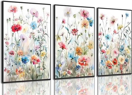 KISSFOX Framed Colorful Wildflower Canvas Wall Art Set Of 3 Flowers Pictures by KISSFOX