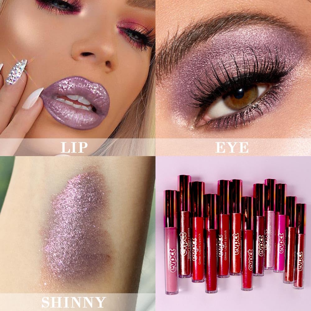 evpct 2Pcs Mauve & Taupe Mauve Glitter Metallic Shimmer Diamond Lipstick Lip Gloss Stain Set for Women Long Lasting Waterproof, Purple Sparkle Glitter Matte long Wear Liquid Lipstick Lip Makeup Kit