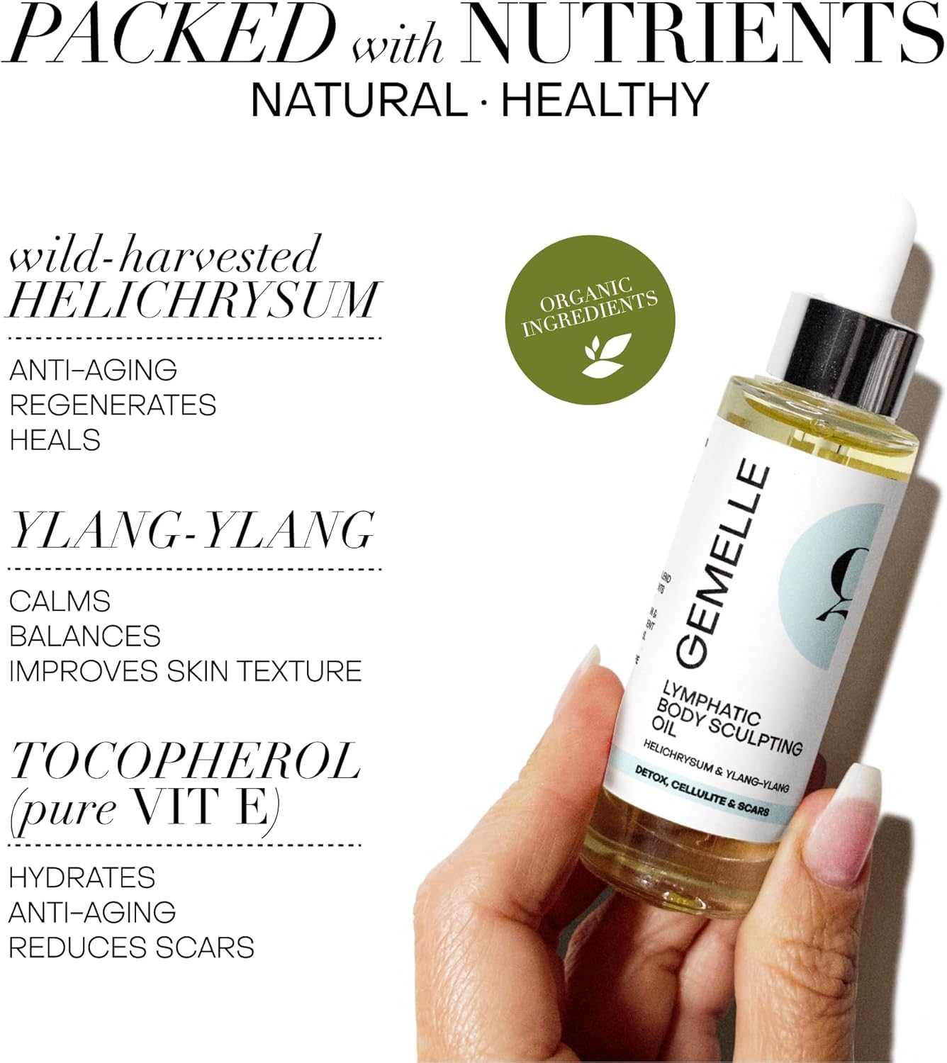 GEMELLE Lymphatic Gua Sha Body Oil | 10x Award Winner | Lymphatic Drainage, Anti-Cellulite, Sculpting | Vitamin E, Anti-Aging | Targeted Use with Gua Sha Tool | Organic, Natural, Clean Beauty – 30ml