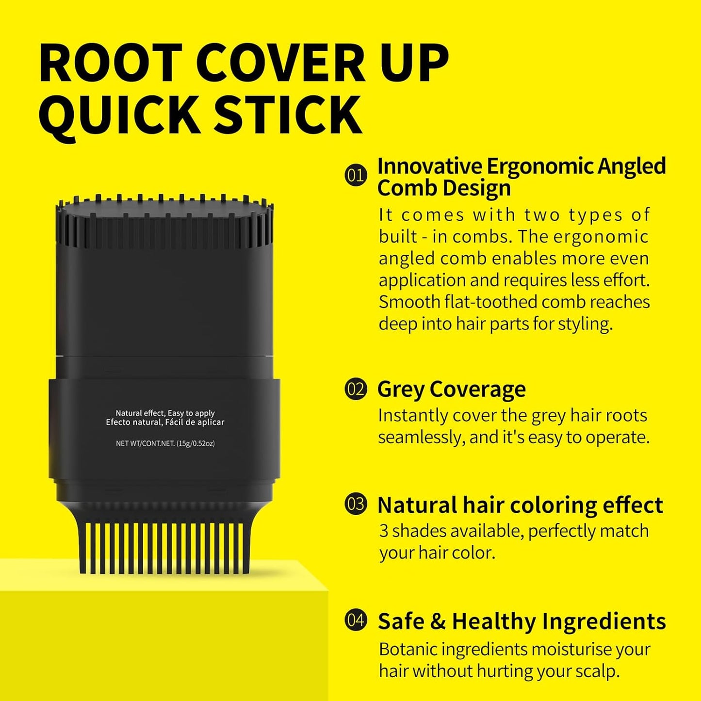 Gowwim Hair Dye Comb, Instant Portable Gray Hair Cover up Hair Dye Stick 2-in-1 Hair Color Stick Natural & Long-lasting Root Touch up Hair Color Comb Waterproof for Women & Men 15g/0.52 oz