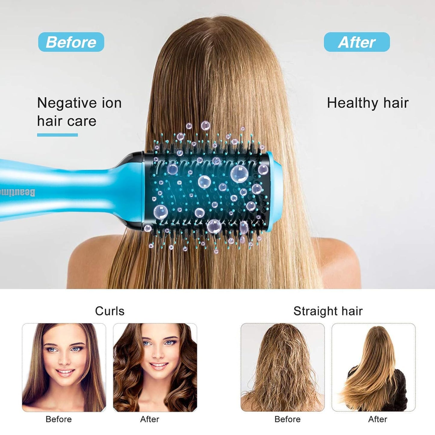 Beautimeter Blow Dryer Brush, Hot Air Brush One Step Hair Dryer and Styler Volumizer, 4 in 1 Negative Ionic Hair Styler with Oval Barrel for Smooth, Frizz-Free Hair Types, Blue & Black