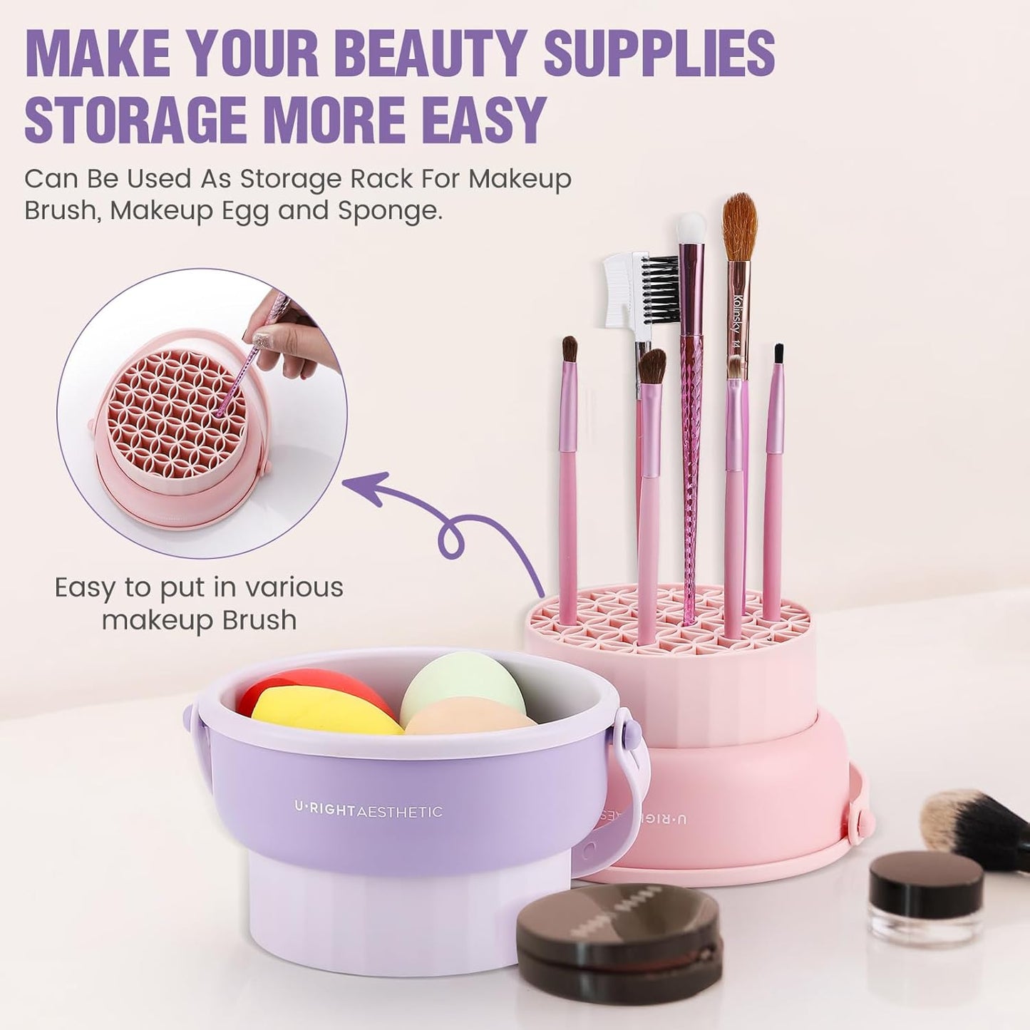 2 Pack Makeup Brush Cleaner Mat 3 in 1 Silicone Makeup Brush Cleaner Makeup Brush Cleaning Bowl Makeup Brush Sponge Scrubber Tool for Cleaning, Storage And Upside Down Drying(Two Khkai)
