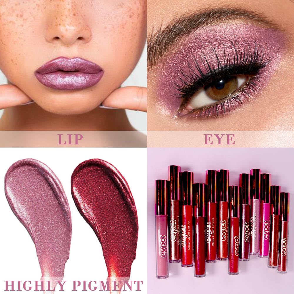 evpct 2Pcs Mauve & Dark Red Matte to Glitter Liquid Lipstick Set Kit for Women Long Lasting Glossy Metallic Shimmer Sparkle Lipstick Lip Gloss 01+04