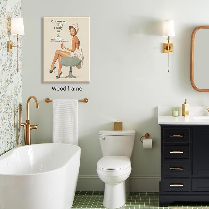 Boho Sage Green Bathroom Poster Vintage 70s Pin Up Girl Wall Art 24X36 inch - Image 3