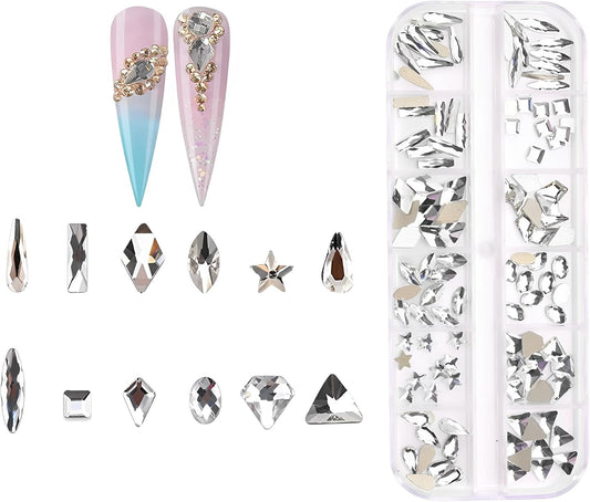 120pcs Flatback Rhinestones Glass Charms Diamantes Gems Stones for Nail Art Box Multi Shapes Crystal