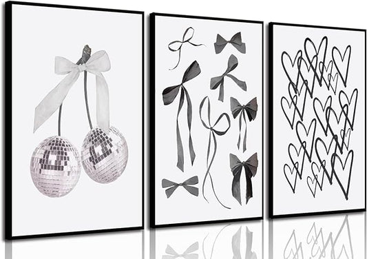 BOKPEN 3pcs Black and White Trendy Preppy Wall Art Bows Disco Ball Many Heart by bokpen