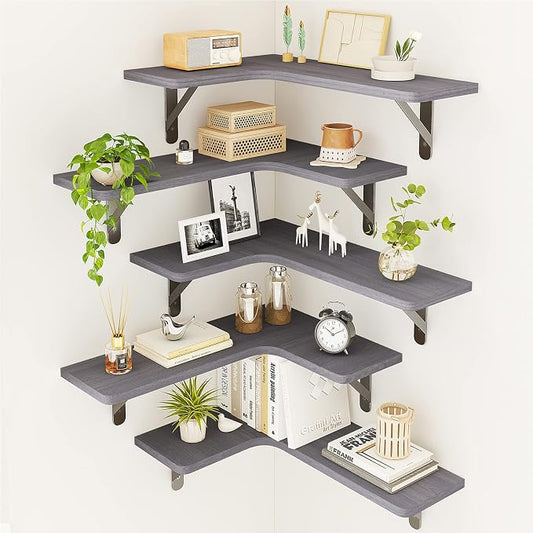 Fixwal Corner Floating Shelves Set of 5, Rustic Wood Wall Mounted Corner Shelf by Fixwal