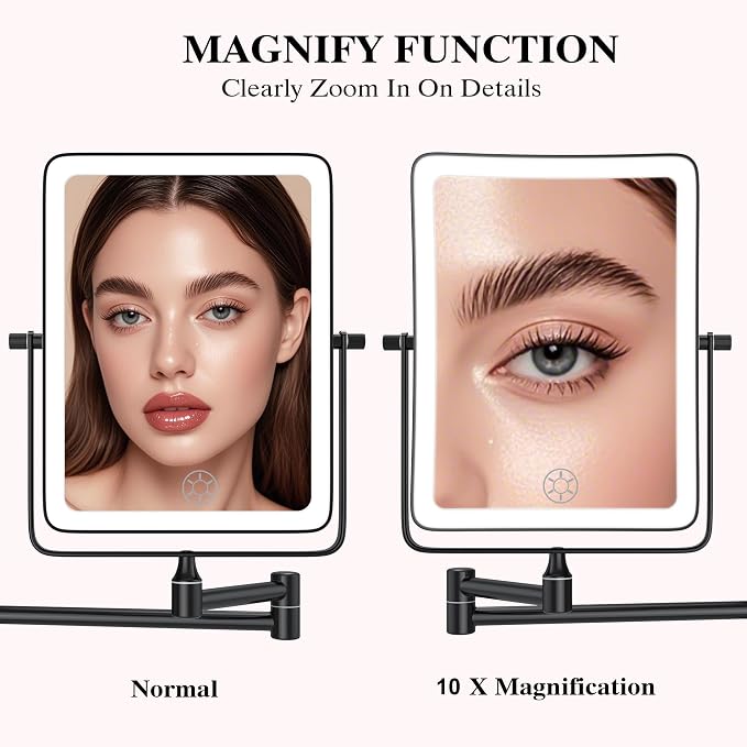 Wall Mounted Lighted Makeup Mirror, Rectangle Double Sided 1X/10X Magnifying - Image 2