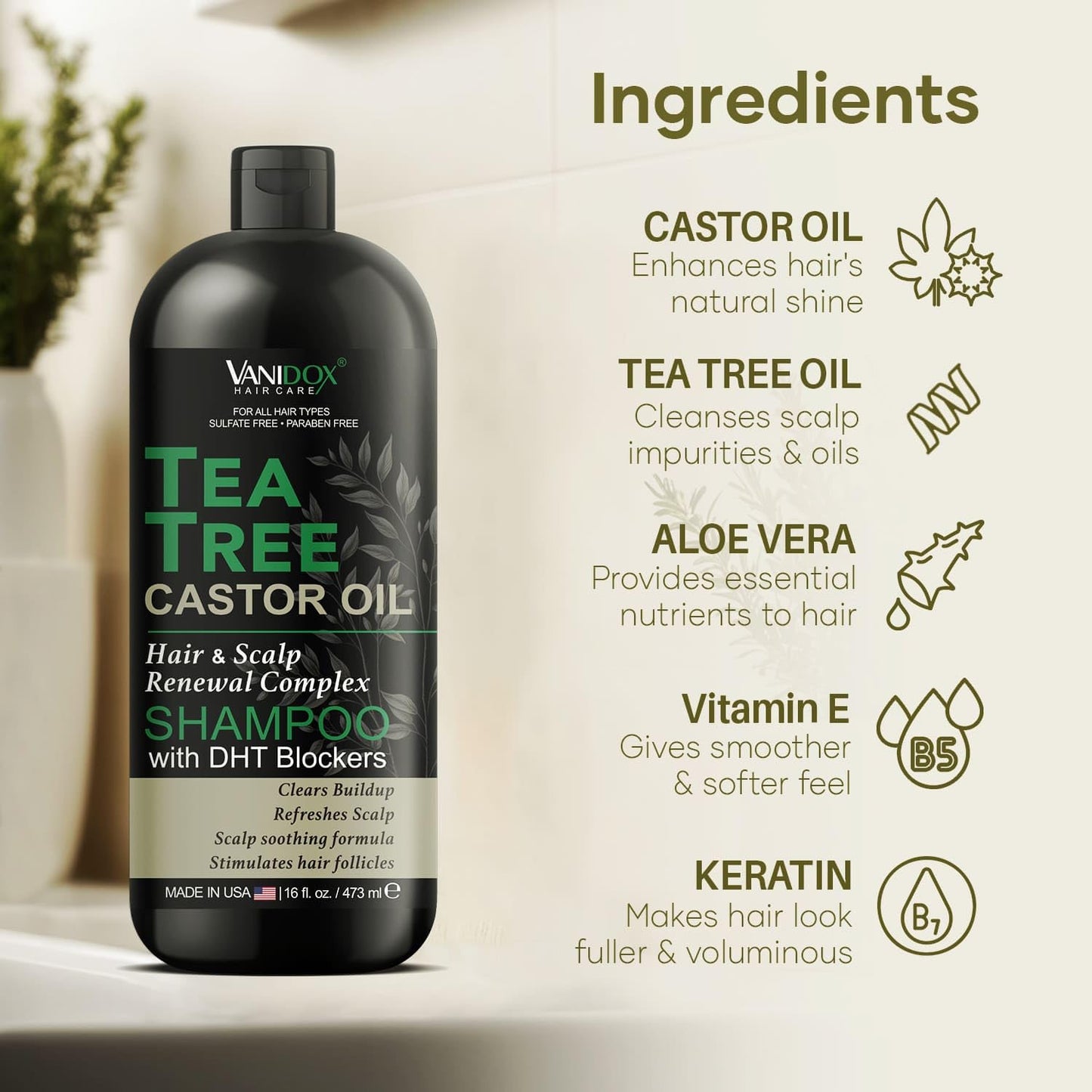 Tea Tree Oil Shampoo with Castor Oil, DHT Blockers, Itchy Scalp Relief, Supports Fuller Hair, Cleanses Dandruff & Buildup, For Men & Women, Made in USA, 16 fl oz