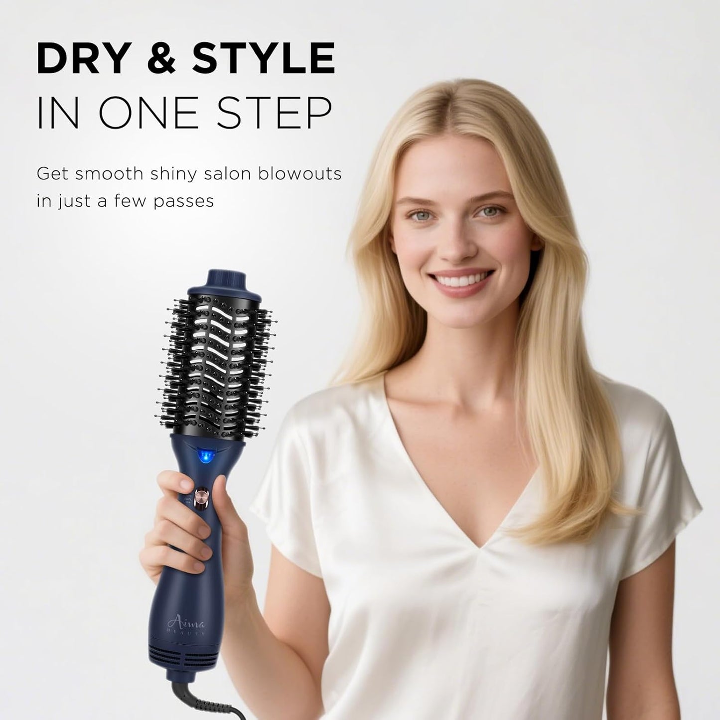 One Step Hair Dryer & Volumizing Brush, Aima Beauty Hair Styling Tool - Ceramic Straightener, Curler, Hot Air Styler & Ionic Salon Brush, Prussian Blue