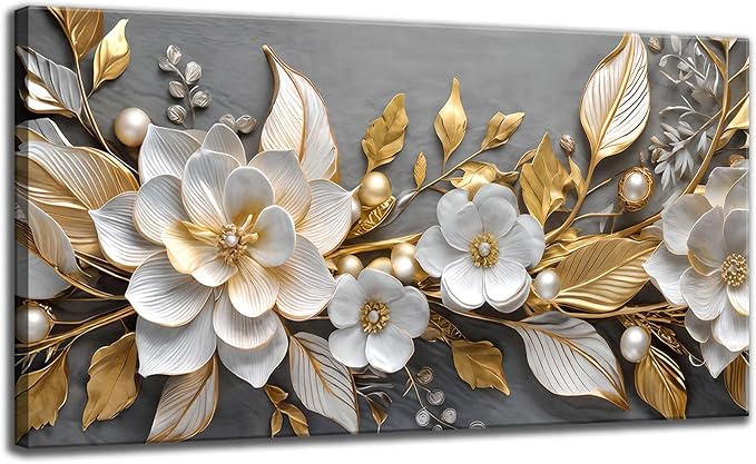 Large Living Floral Canvas Wall Art Gold White Plant Abstract Decor painting by TXNXFKSUWallArt