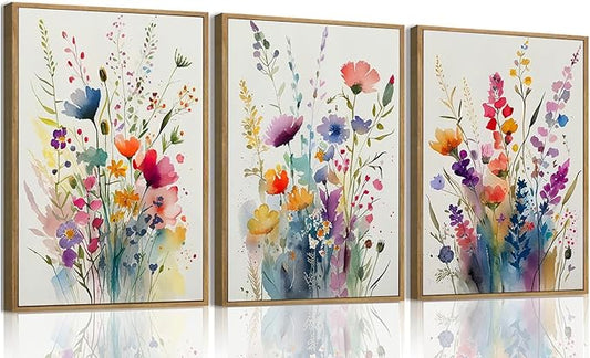 KISSFOX Framed Colorful Wildflower Canvas Wall Art Set Of 3 Flowers Pictures by KISSFOX