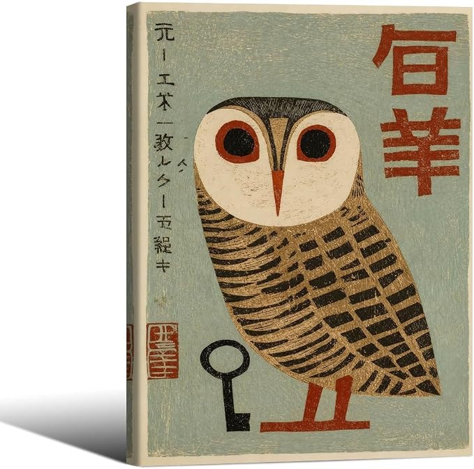 Vintage Japanese Framed Wall Art Owl Poster Mid Century Animal Print 11x14in by Heltrappe