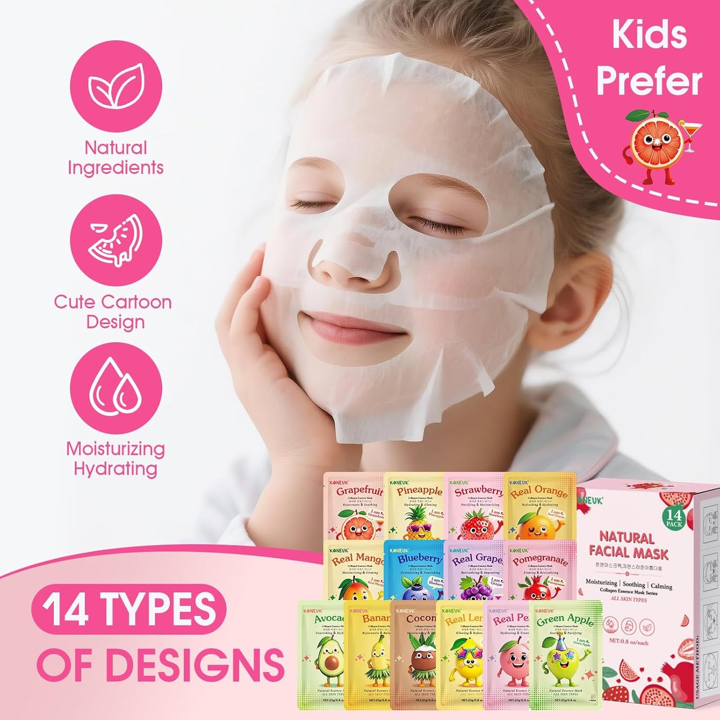 14 Pack Fruit Face Masks Skincare for Kids, Sheet Hydrating Facial Mask for All Skin Types, Bulk Collagen Face Mask for Women Skin Care, Birthday Party Spa Gifts for Teens Girls