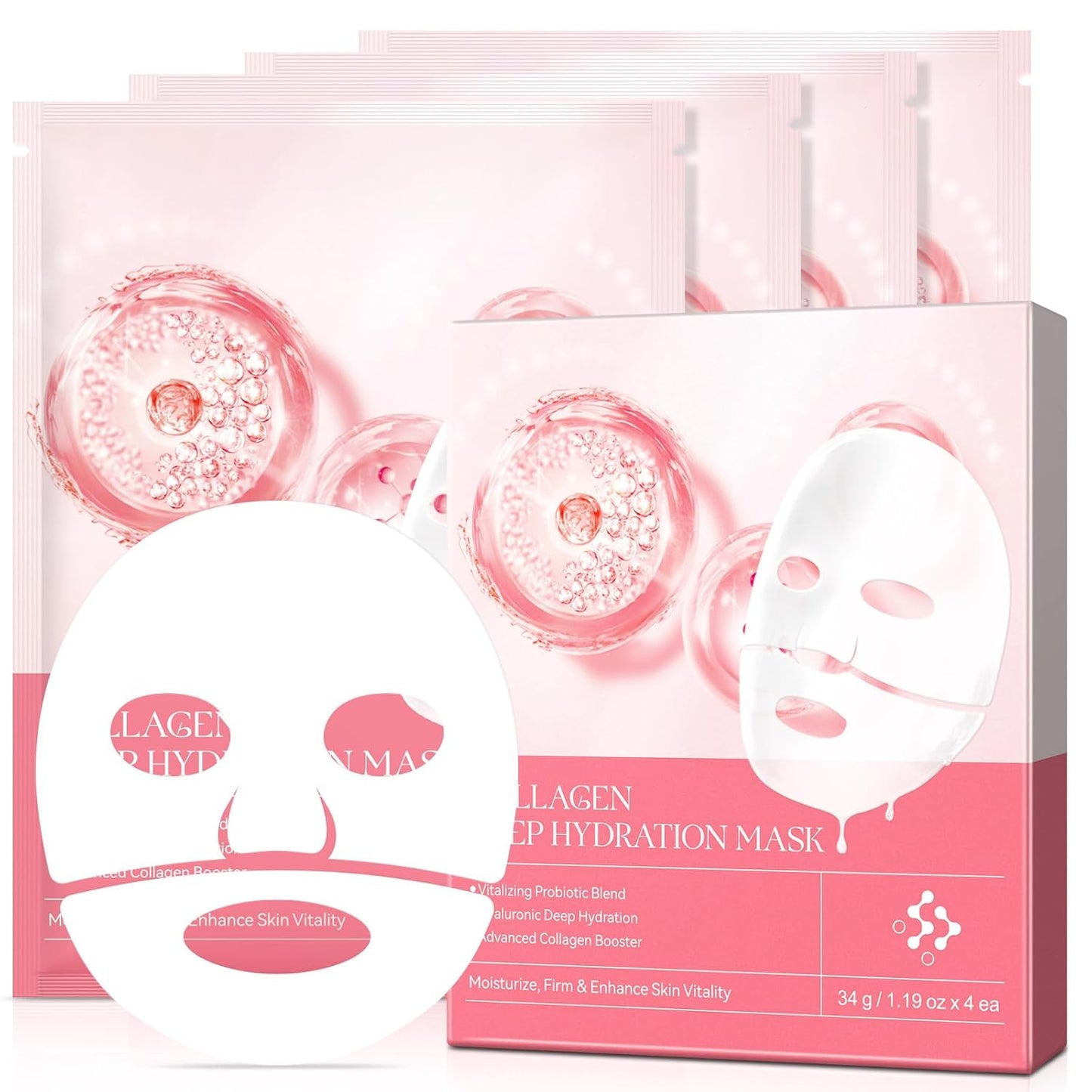 Collagen Face Mask, Hydrating Overnight Hydrogel Mask, Face Masks Skincare Anti Wrinkle Moisturizing, Facial Masks for Women Skin Care Sheet Masks for Face (4ea-Pink)