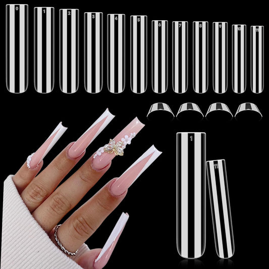 XXL Nail Tips Square 504 Pcs 12 Sizes - No C Curve Flat Square Nail Tips Clear 2XL Full Cover Tapered Gel Acrylic Fake Nails Gelly Tips for Nail Extension Nail Art