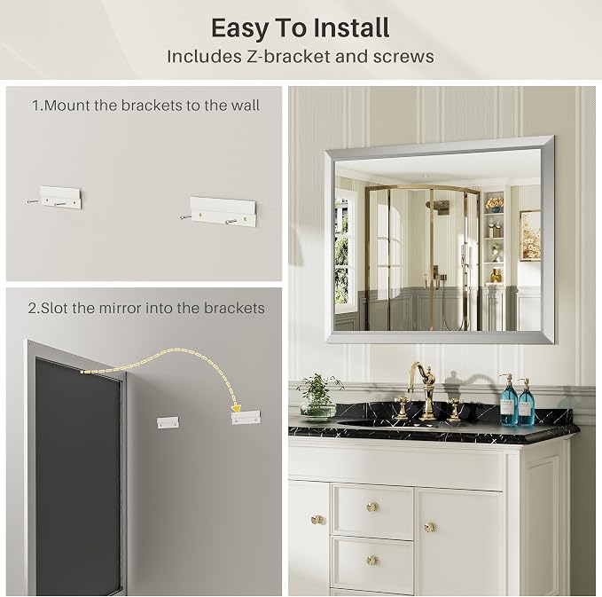 55x36 Inch Brushed Silver Bathroom Mirror - Image 6