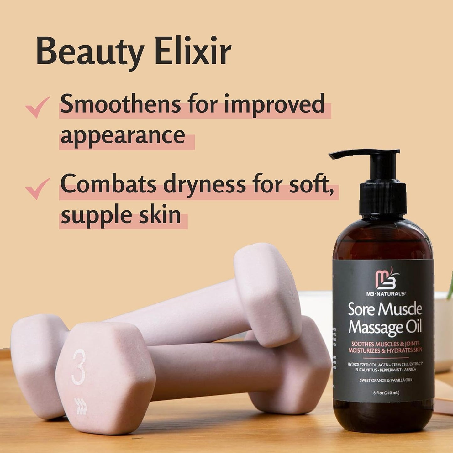 M3 Naturals Arnica Sore Muscle Massage Oil with Collagen, Stem Cells, and Menthol, Anti-Cellulite Therapy for Full Body, Fast-Absorbing Multipurpose Treatment