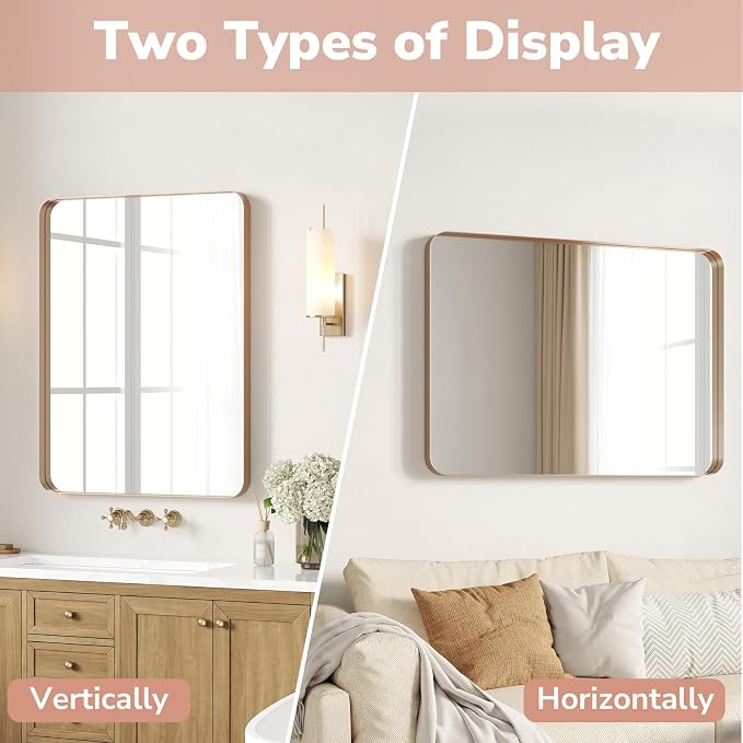 USHOWER Gold Bathroom Mirrors 24"x36" 2 Pack, Brushed Gold Rectangle Mirrors - Image 7