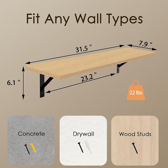 DINZI LVJ Long Wall Shelves, 31.5 Inch Wall Mounted Shelves Set of 2, - Image 3