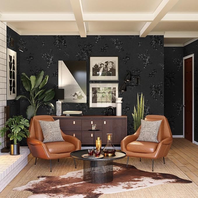 Black Peel and Stick Wallpaper 787.4inL17.3inW Silk Embossed Floral Contact - Image 2