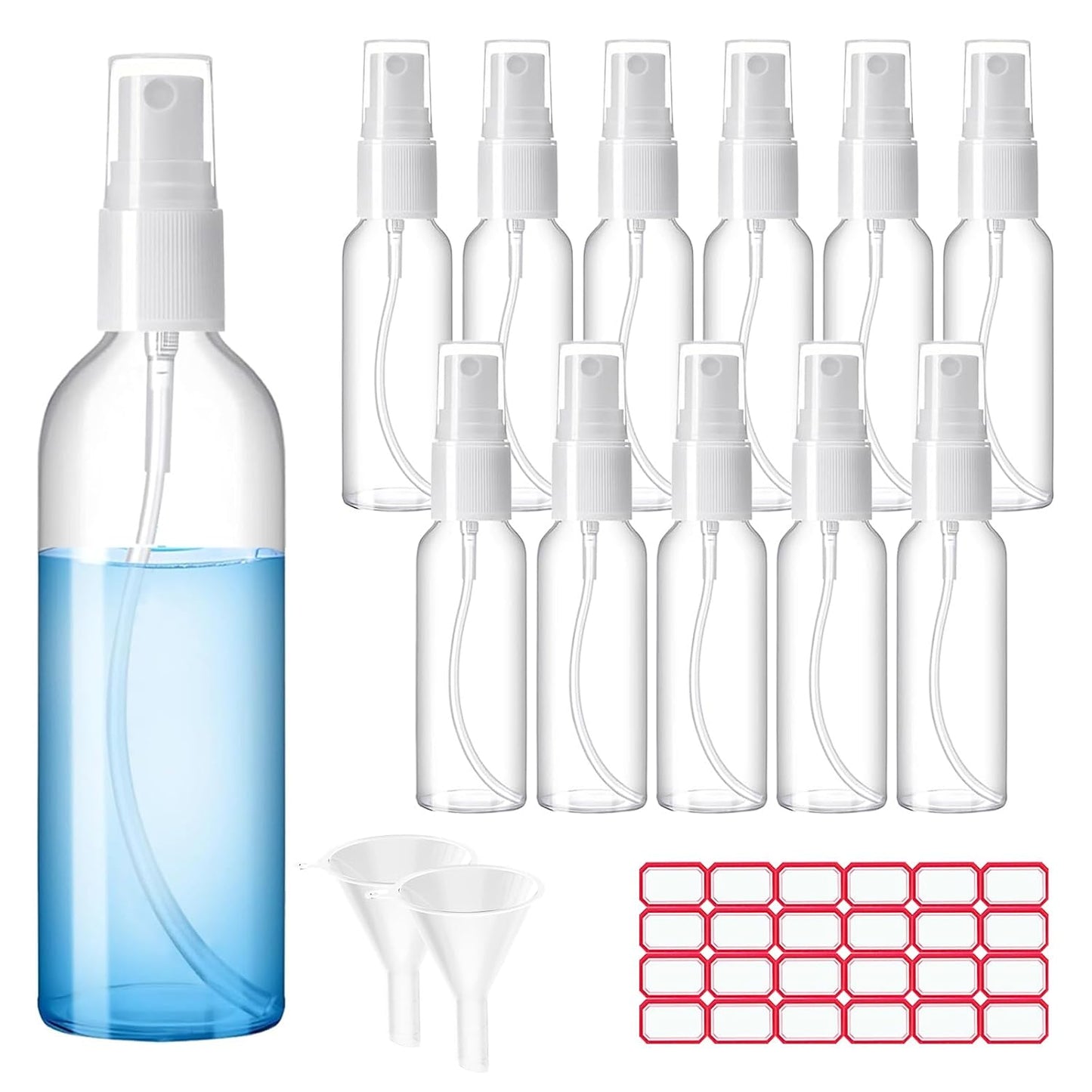 Spray Bottles, 2oz/50ml Clear Empty Fine Mist Plastic Mini Travel Bottle Set, Small Refillable Liquid Containers with 2pcs Funnels and 24pcs Labels (12 Pack)