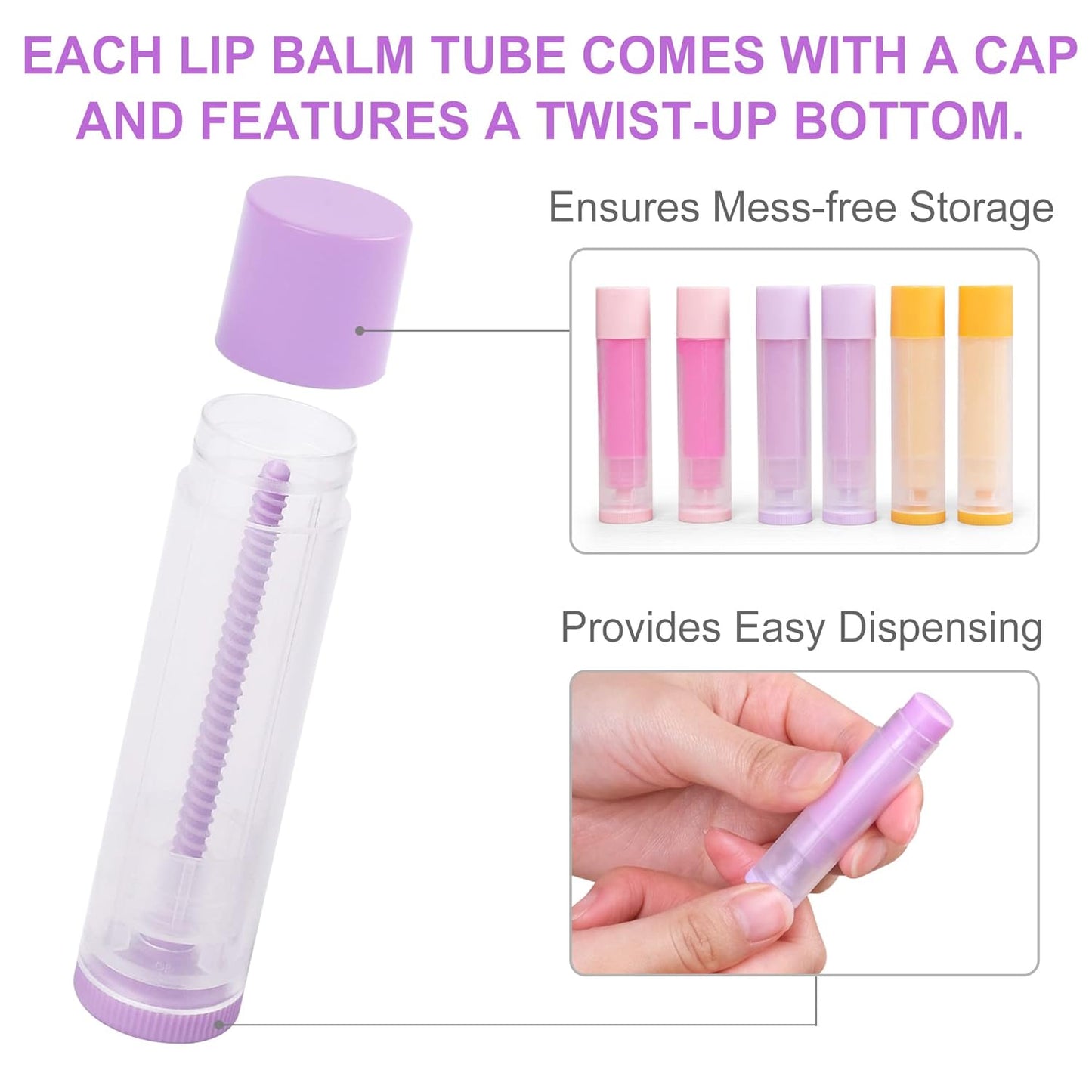 LotFancy Lip Balm Tubes Empty, 60PCS 5.5ml (3/16 Oz), Clear Lip Balm Container Tubes with Purple Caps, BPA Free & Leak Free, Refillable