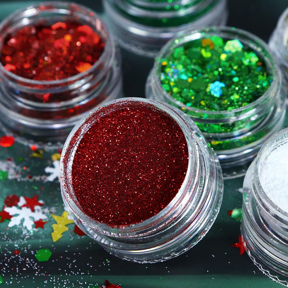 Christmas Nail Art Glitters Powder Snowflake Sequins Winter Nail Art Decorations 3D Holographic Green Red White Flakes Nail Decals Manicure Winter Xmas Glitters for Face Hair Nails Design 6Grids