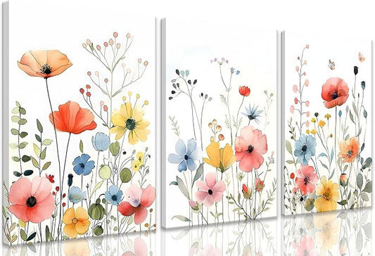 KISSFOX Framed Colorful Wildflower Canvas Wall Art Set Of 3 Flowers Pictures by KISSFOX