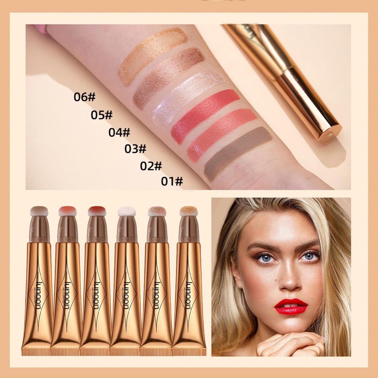 2 Pack Contour Beauty Wand, Highlighter ，Face Concealer Contouring with Cushion Applicator Long Lasting & Smooth Matte Finish Liquid Illuminator Makeup Stick (05 Bronze Gold#06 Rose Gold)