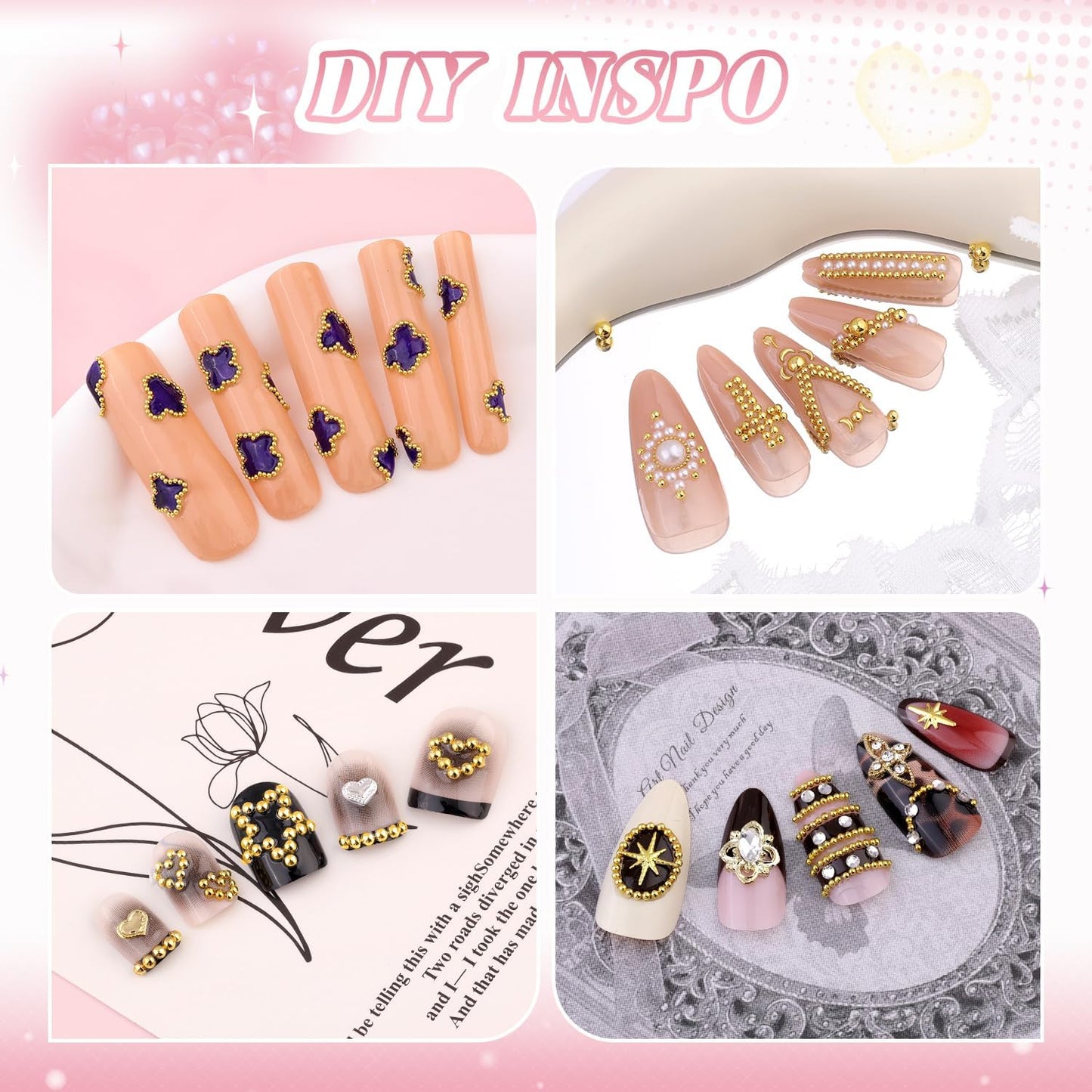 1-3MM Mini Small Nail Beads Metal Caviar Bead Gold Nail Charms and Gems Ball, Nail Chain for Nail Art Accessories Supplies Gold Rhinestones for Women Manicure