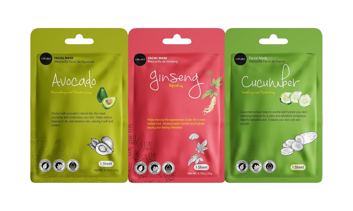 Celavi Essence Facial Sheet Face Mask Variety Set Classic Authentic Korean Moisturizing Skincare (12-Packs)