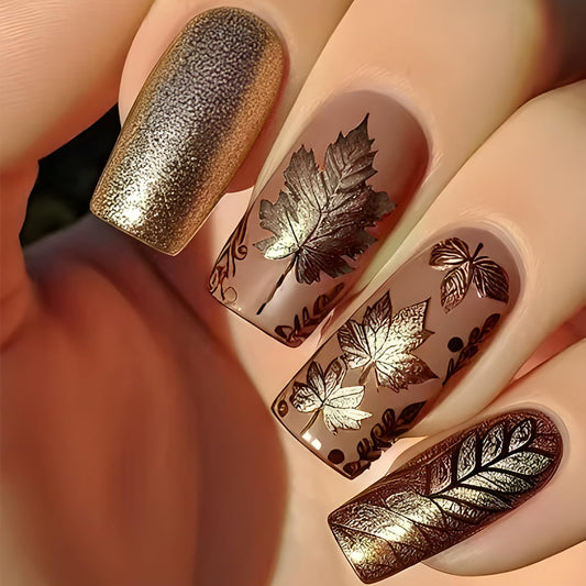 Vintage Thanksgiving Press on Nails Fall Glitter Maple Leaves Fake Nails Long Square Acrylic Glue on Nail Matte Autumn Maple Leaf Stick on Nail for Women DIY Manicure