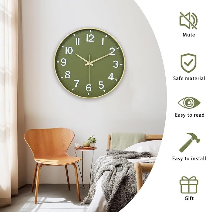 HZDHCLH Wall Clocks Battery Operated, Wall Clock Green Gold, 12 inch Wall Clock - Image 4