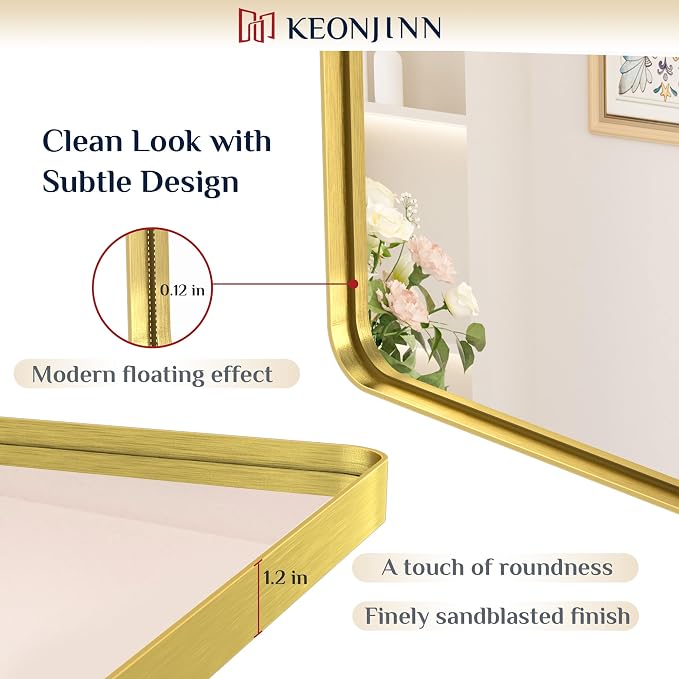 Keonjinn Gold Bathroom Mirrors for Wall 42” x 20” Large Rounded Rectangle Gold - Image 3