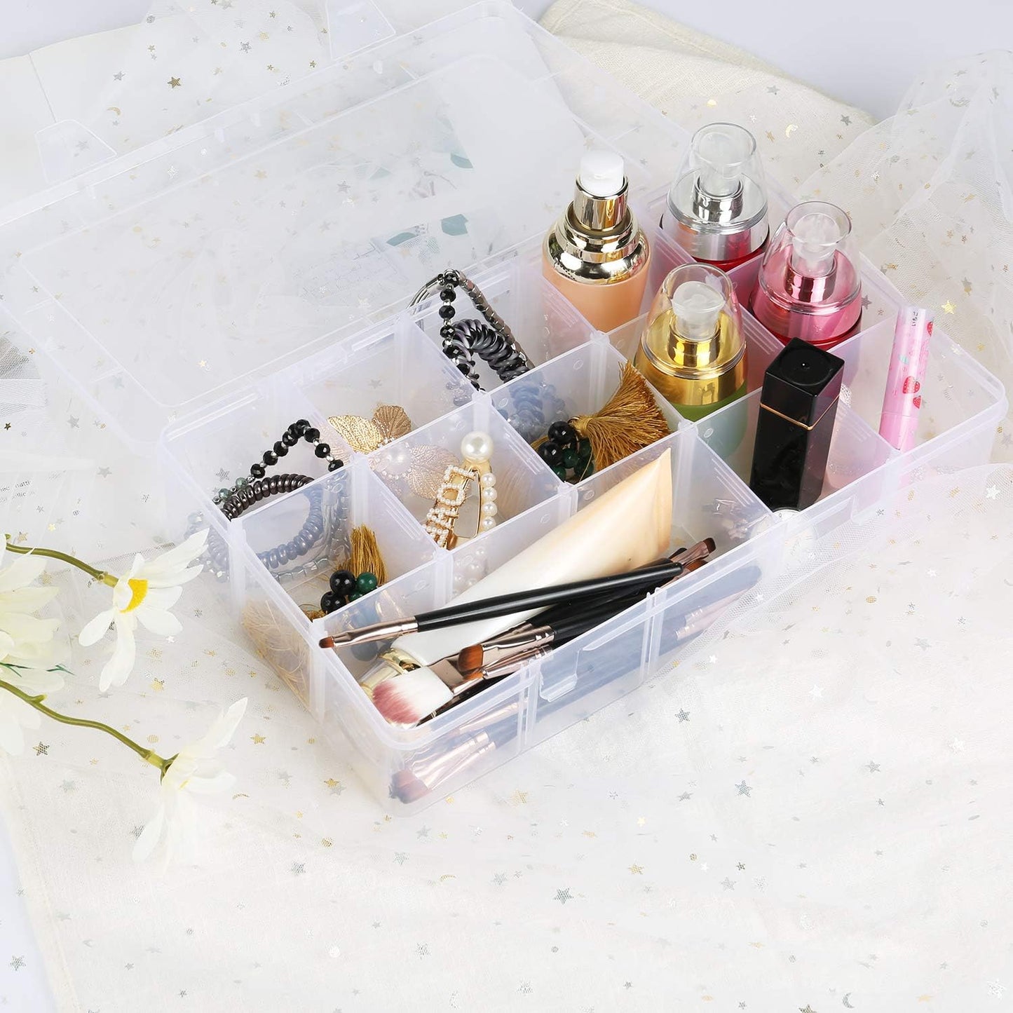 2 Pack 15 Grids Clear Plastic Organizer Box with Adjustable Dividers, Craft Storage Containers for Jewelry, Beads, Screws, Tackle Box, Washi Tapes, Small Parts Organizer for Arts and Crafts