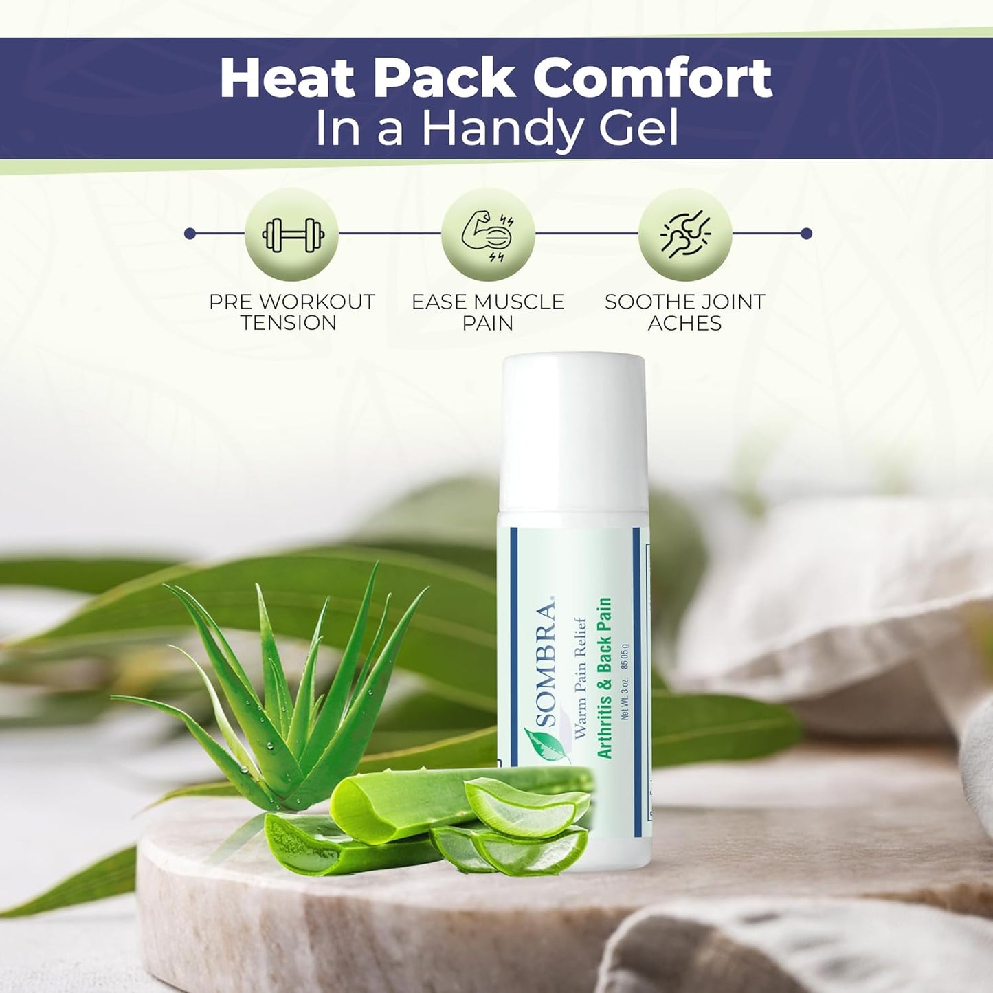 Sombra Warm Pain Relief Gel, Warm Relief for Arthritis and Chronic Pain Pre-Workout Muscle Rub Vegan Formula Free of Artificial Fragrances, Dyes, NSAIDs, Wax, Petroleum, Alcohol - 3oz Roll-On