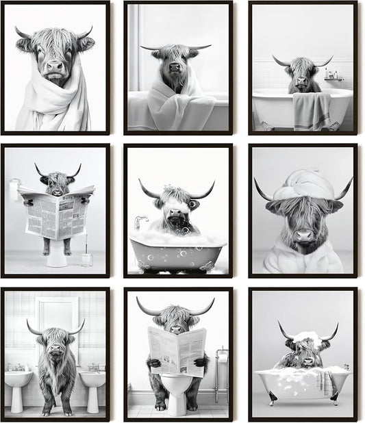 SEHSUVC Funny Bathroom Cow Posters Wall Art Set of 9, Vintage Black and White by Unknown