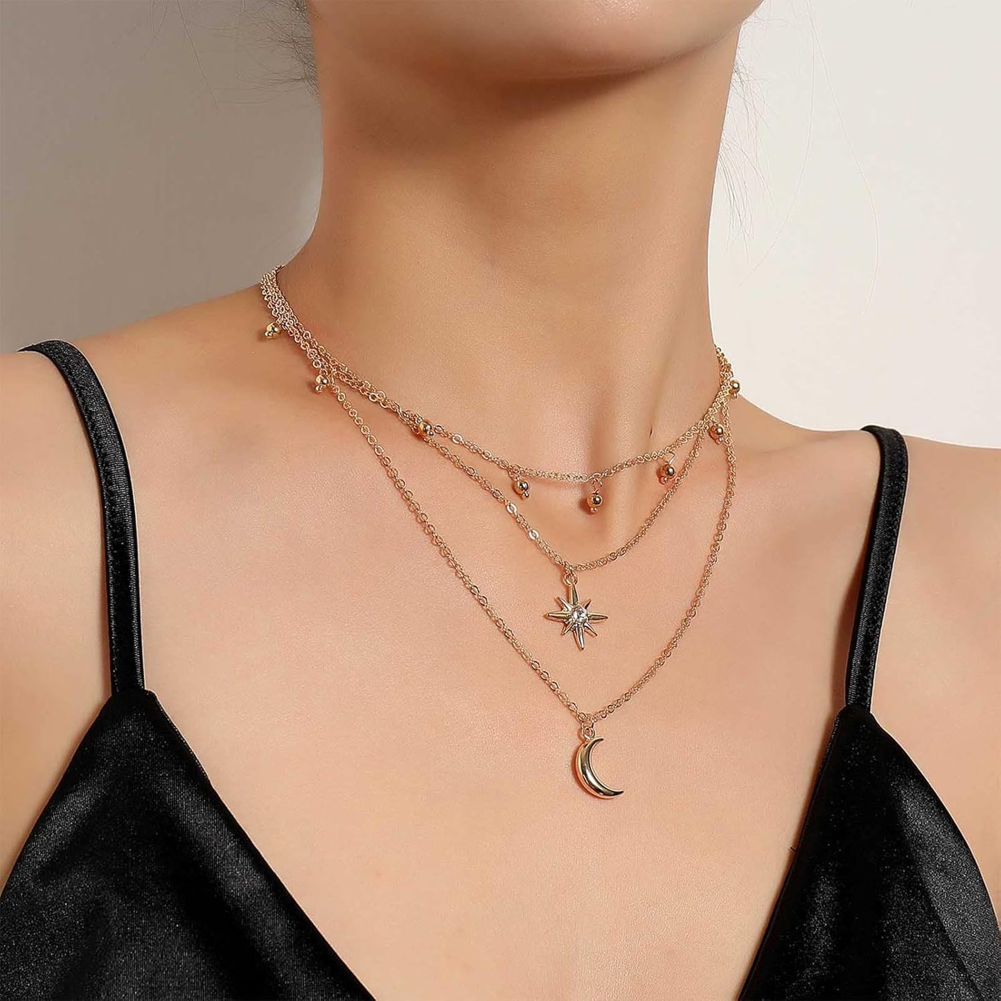 Bohemia Layered Star Choker Necklace Crescent Moon Pendant Necklace Chain Crystal Star Choker Necklace Gold Moon Necklace Jewelry for Women and Girls