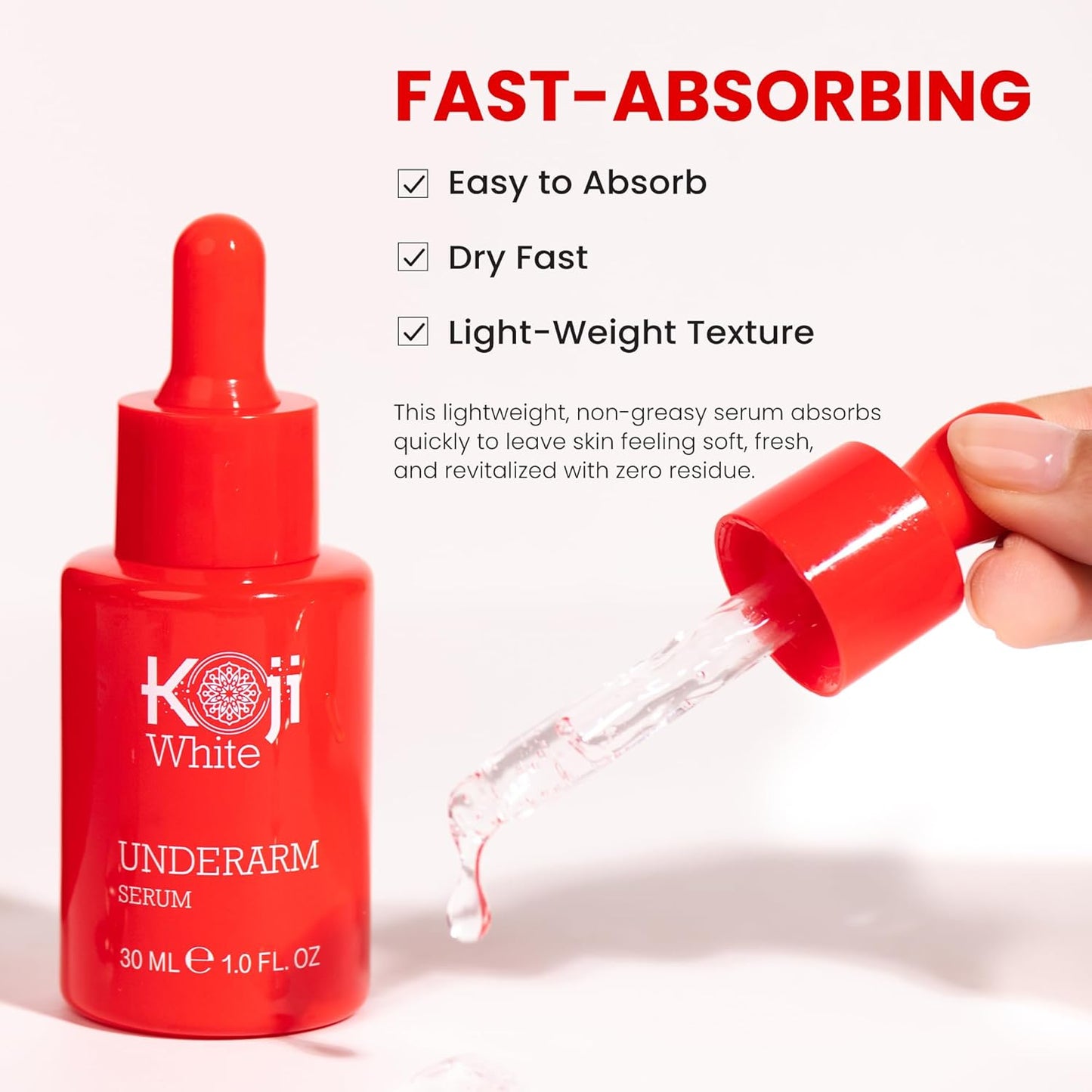 Koji White Underarm Serum for Armpit, Elbows, Knees, Private Areas - Hydrating with Kojic Acid, Niacinamide, Tranexamic Acid, Paraben-Free, Vegan, 1 Fl Oz