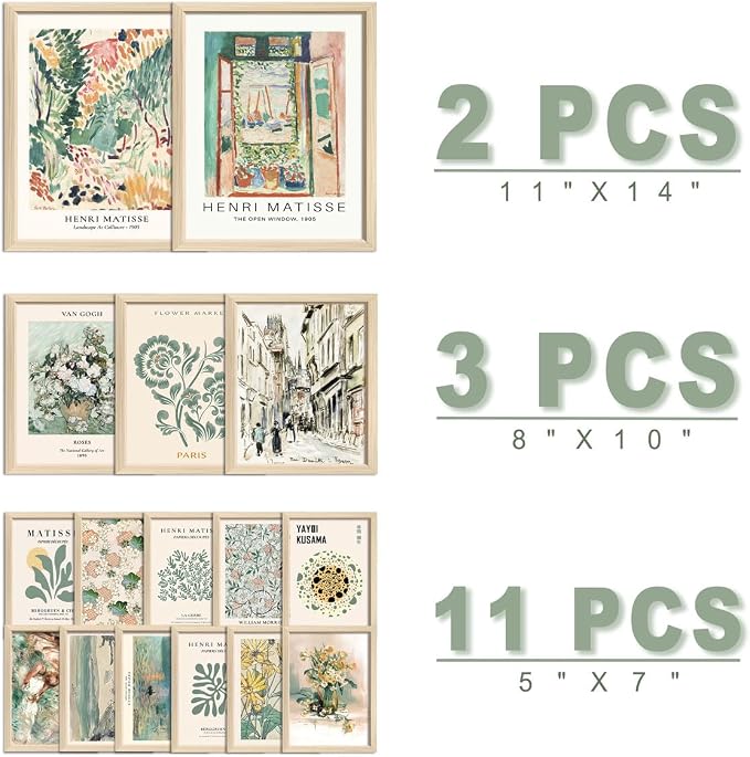 ANERZA 16 PCS Framed Sage Green Wall Art Decor, Matisse Wall Prints - Image 2