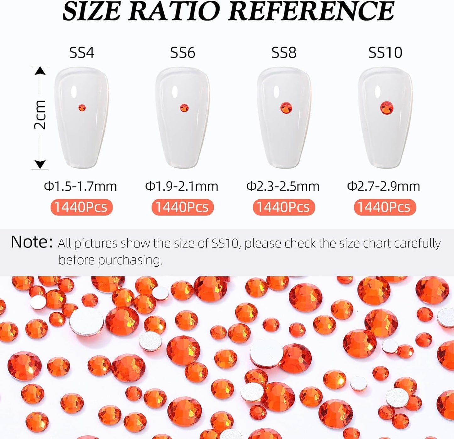 Hyacinth Flatback Rhinestones, Glass Rhinestones for Nail Art and Craft, Glue Fix, Loose Crystal Gemstones(Orange, SS8, 1440pcs, 2.3-2.5mm)