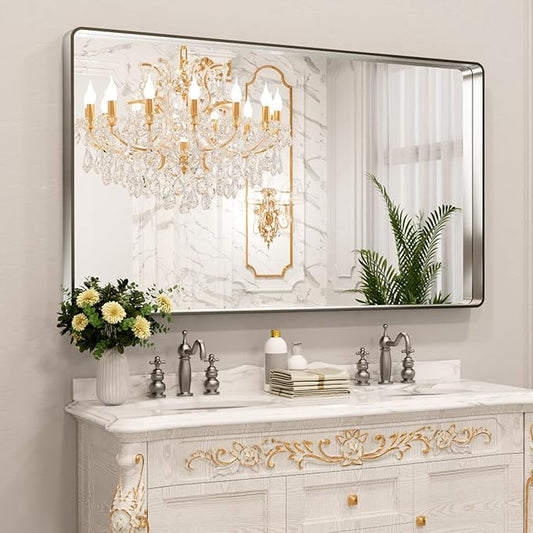 LOAAO 60X28 Inch Brushed Nickel Bathroom Mirror, Rounded Rectangle Silver Metal by LOAAO
