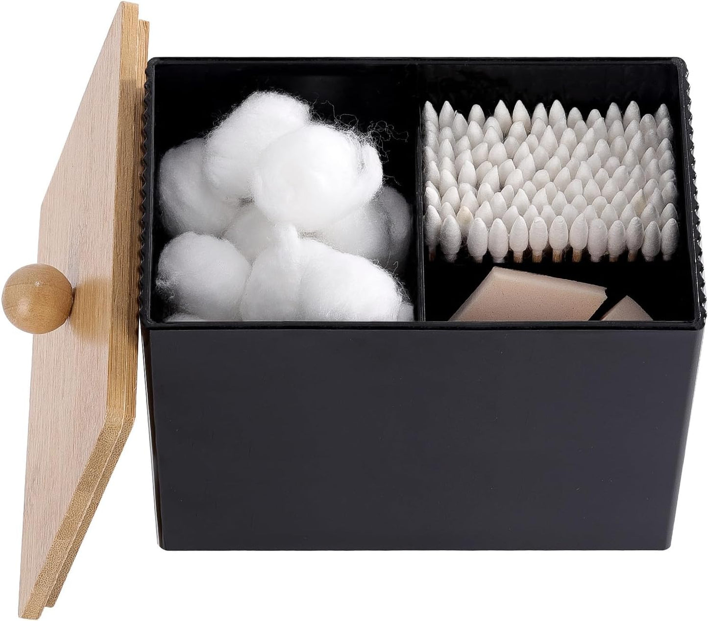 Ohlove Qtip Holder with Bamboo Lids, 3 Compartments Cotton Ball/Swabs Dispenser, Apothecary Jar Plastic Container for Storage and Organizer (Black)