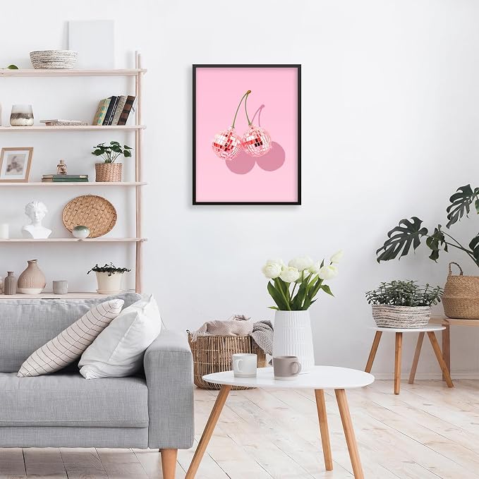 Funky Pink Cherry Poster Retro Disco Ball Canvas Wall Art 16X24 inch Black - Image 4