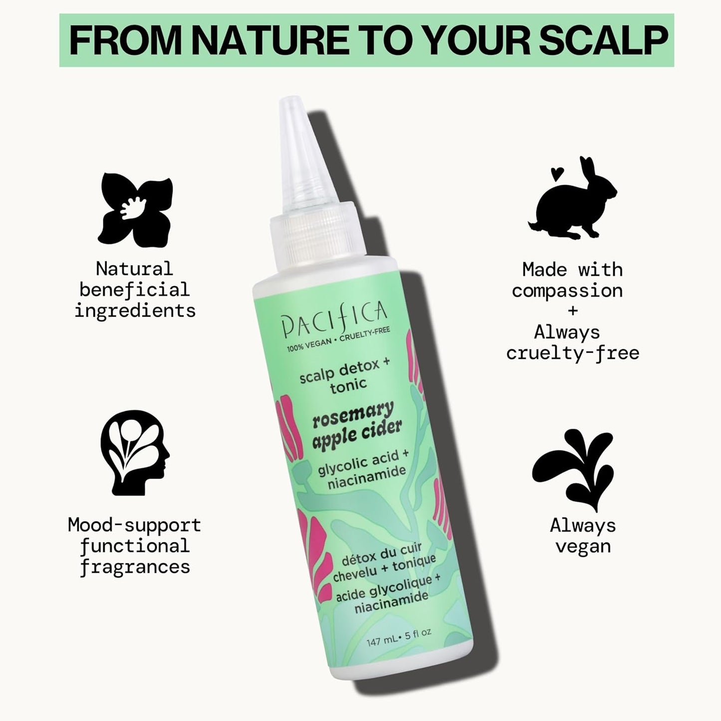 Pacifica Scalp Detox Tonic – Rosemary Apple Cider Scalp Exfoliator - Scalp Scrub w/ Salicylic Acid for Clarifying Build Up & Purifying - Itchy, Dry Scalp Treatment , Vegan & Cruelty-Free, 5 oz