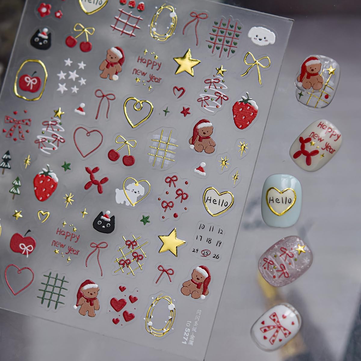 Christmas Nail Art Stickers 5D Embossed Xmas Cute Bear Nail Stickers Strawberry Xmas Light Xmas Tree Bowknot Cherry Gift Nail Decals for Women Girls Winter Holiday Manicure DIY Nail Supplies 1 Sheet