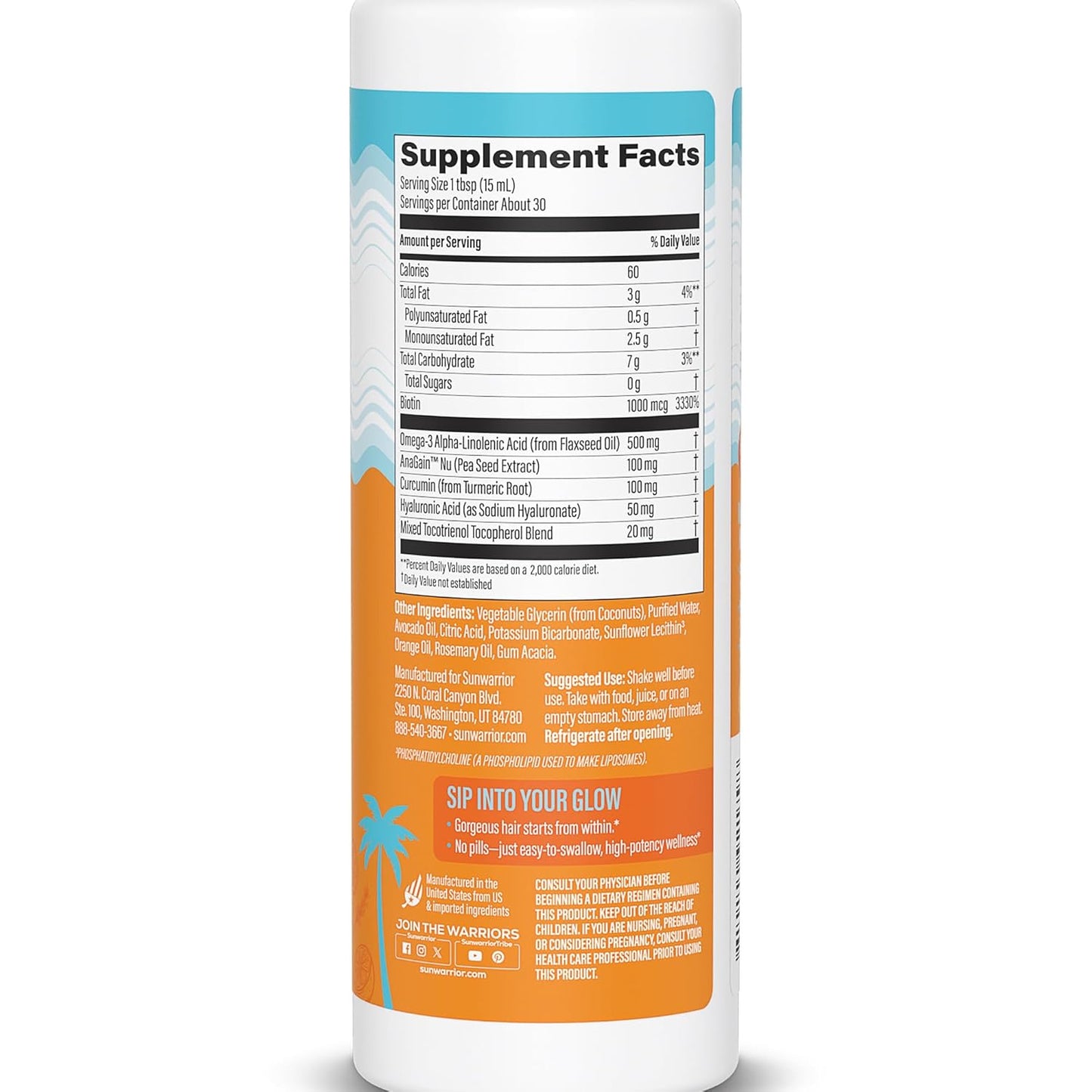 Hair Growth Liquid Rosemary Oil with Biotin & Omega 3 Curcumin, Hyaluronic Acid Tocopherol, Reduce Shedding Promote Hair Growth Improve Hair Density Scalp Hydration Citrus Flavor 15.2 fl oz Sunwarrior